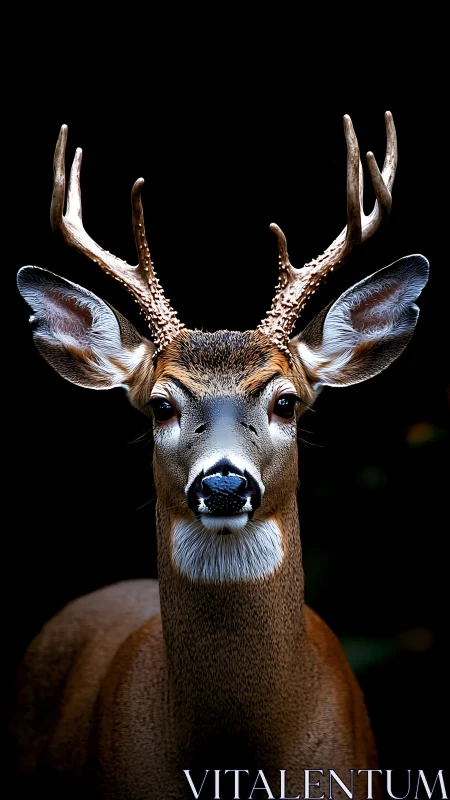 Photorealistic stag portrait with dramatic low-key lighting.