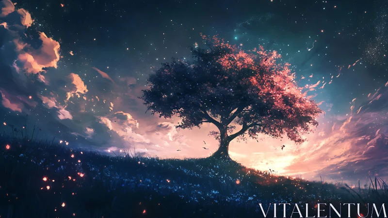 Solitary blossom tree under luminous twilight sky.