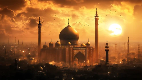 Golden mosque cityscape under dramatic sunset sky.