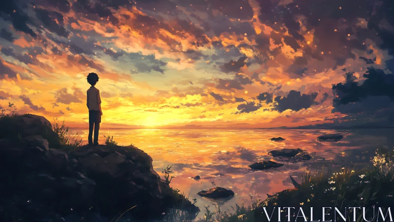 Digital painting sunset vista with solitary shoreline figure.