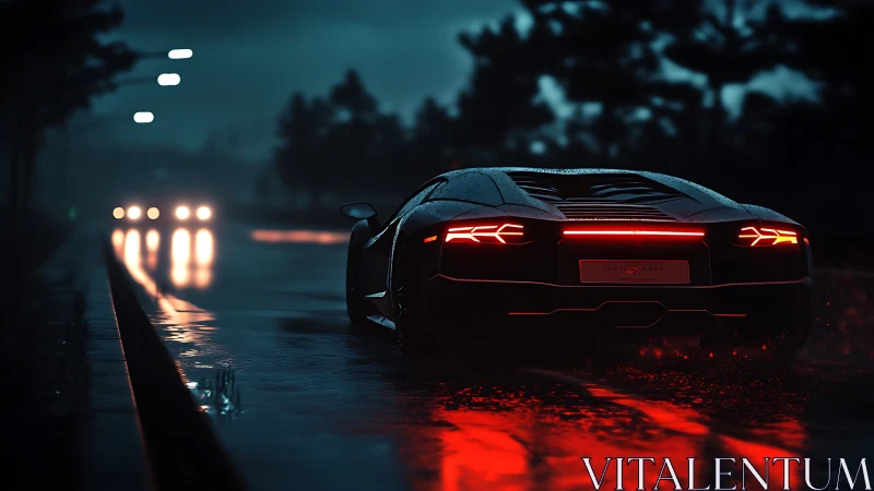 Midnight supercar carves neon red trails through wet asphalt