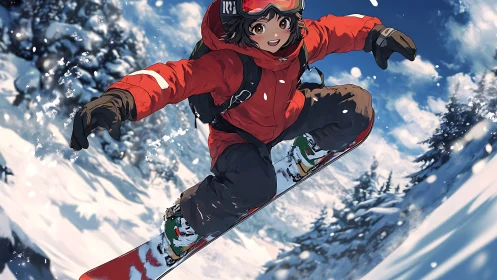 Anime snowboarder carving jump on bright alpine slope.