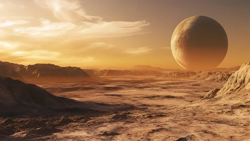 Desert planetary landscape with large spherical celestial body.
