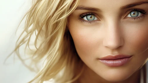 Gaze of a blonde woman fills the frame with quiet intensity