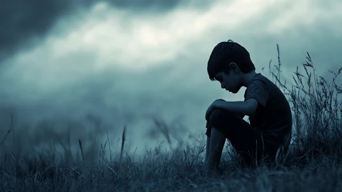 Backlit child silhouette in desaturated blue twilight field study