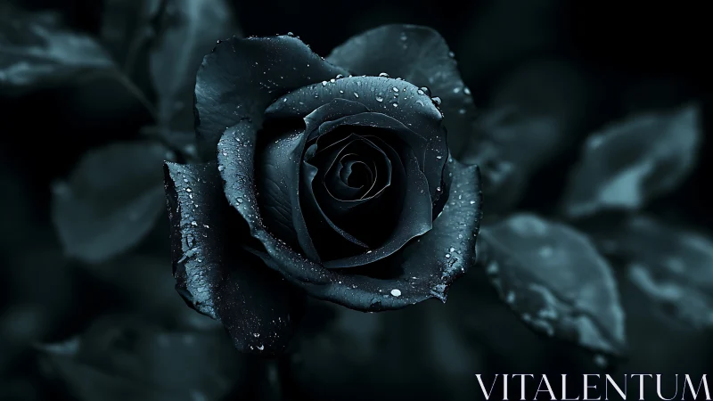 Macro monochrome rose with low-key contrast and surface droplets.