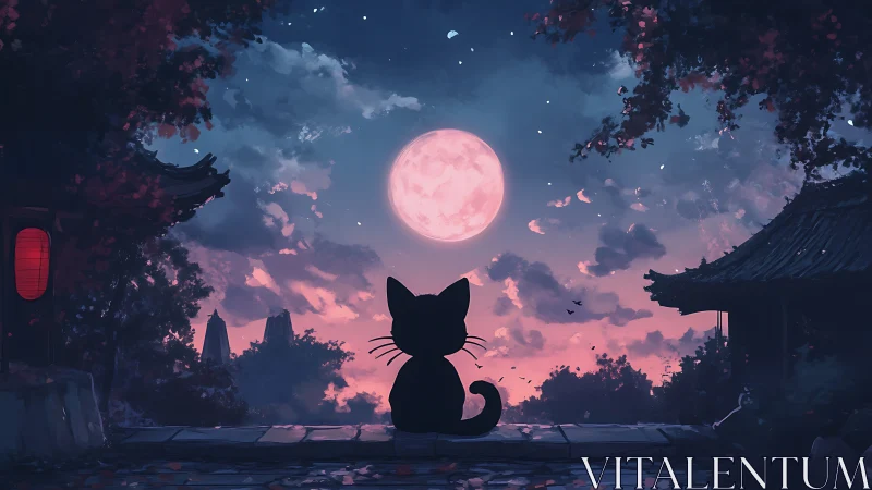 Digital painting of cat silhouette under luminous full moon.