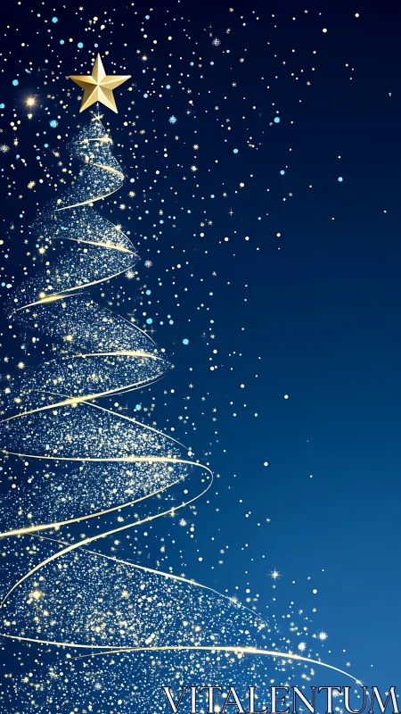 Spiral light Christmas tree forms against deep blue night sky.