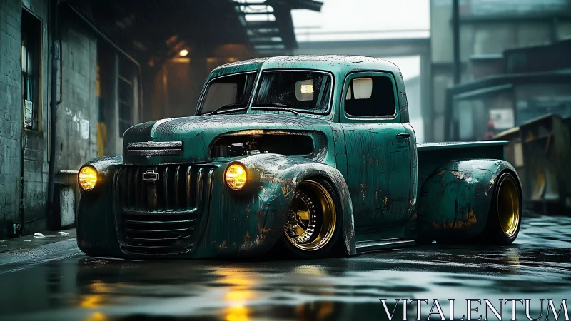 Lowered vintage pickup truck in wet industrial alley at night.