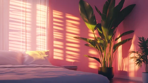 Sun-struck bedroom palms rehearse golden shadows at dusk