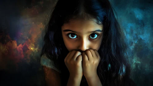 Girl with wide frightened eyes stares into dark cosmic void
