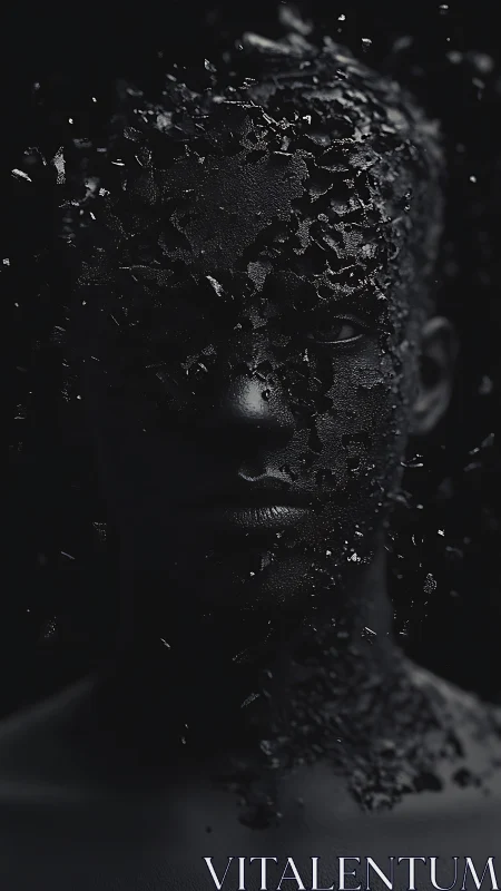 Midnight portrait shattering into drifting obsidian dust.