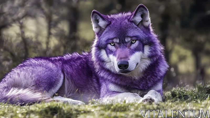 Violet wolf rests calmly on grass in soft forest light.