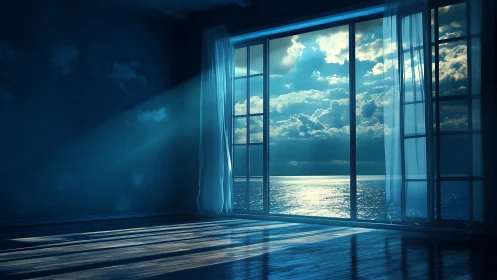 Moonlit tides quietly invade a blue room of drifting echoes