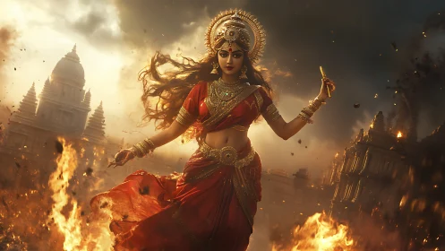 Divine warrior goddess amid incendiary temple skyline.