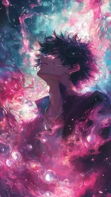 Stargazer wrapped in swirling cosmic neon dreams.