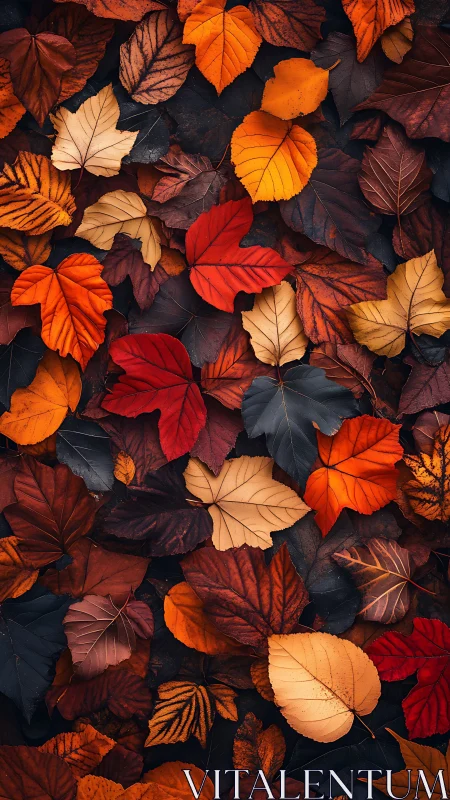 Overhead view of multicolored fallen autumn tree leaves.