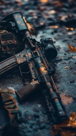 Modern rifle on wet ground with scope and gear present.