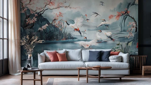 Living room with crane mural and modern sofa interior.