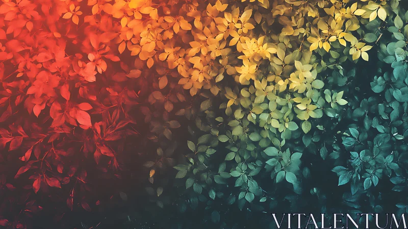 Gentle gradient of colorful leaves glows in warm evening light