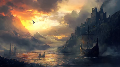 Viking longship approaches dark cliffside fortress at dusk.