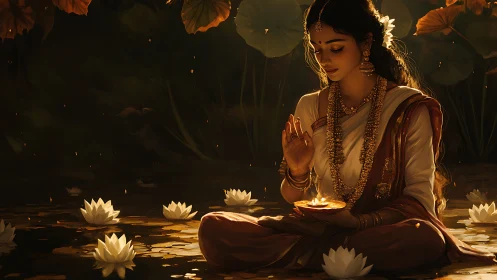 Serene woman with diya meditates amid lotus-lit twilight pond