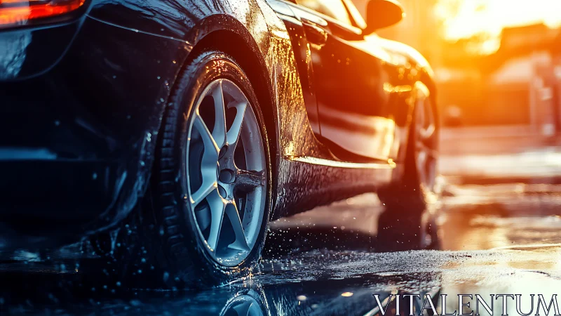 Sports car rear wheel in wet street at bright sunset.