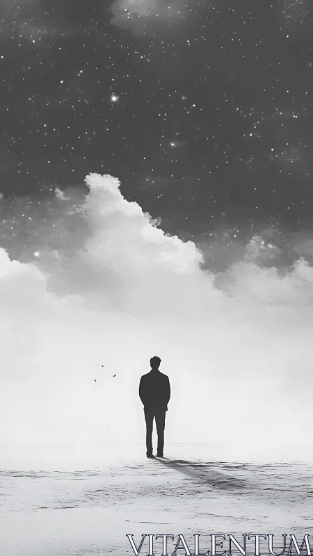 Solitary figure under expansive starry monochrome sky.