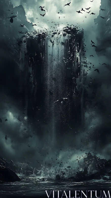 Vertical dark waterfall descends between rocky cliffs