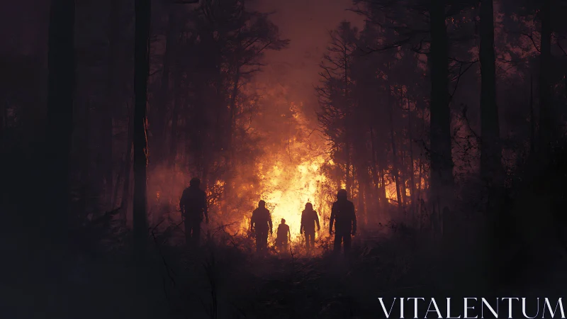 Silhouetted figures approach an intense forest fire glow at night