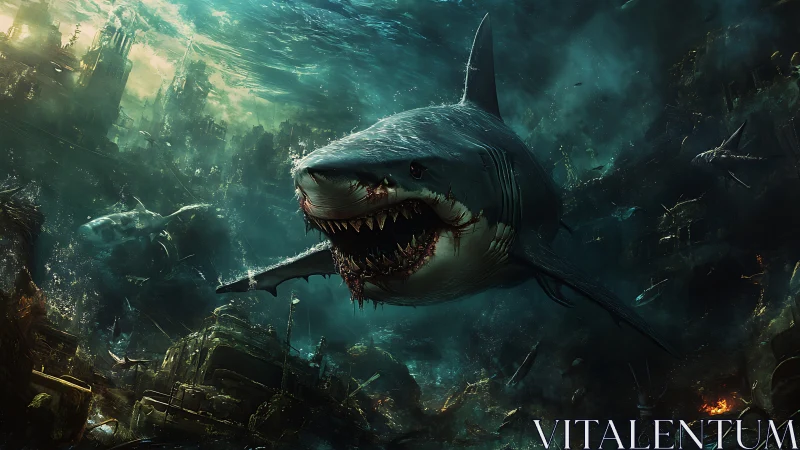 Large shark in submerged ruined city environment at depth.