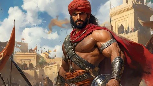 Armored desert warrior dominates fortified city under dynamic sky