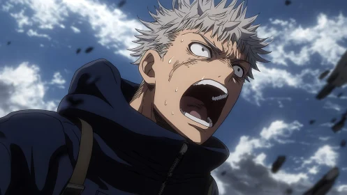 Battle-hardened anime hero shouts in a stormy sky scene.
