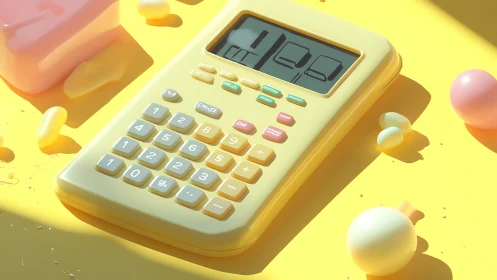Pastel plastic calculator under directional hard studio lighting.