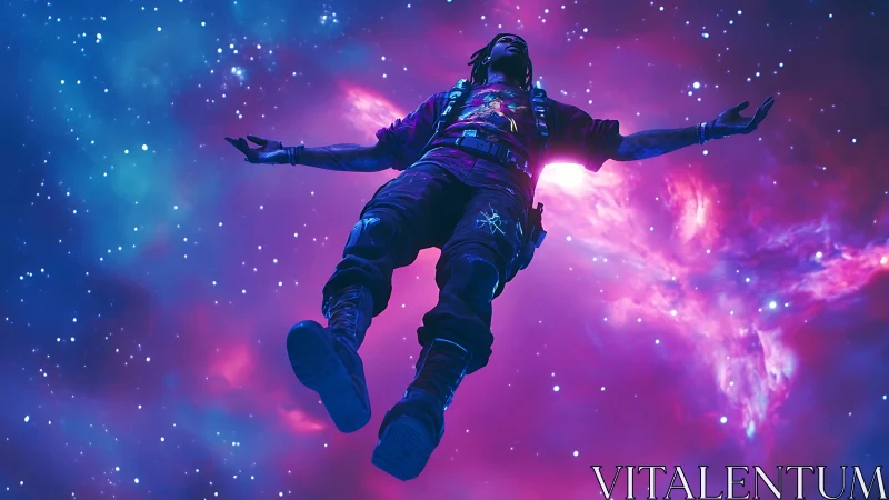 Cosmic drifter suspended in neon-lit interstellar void.