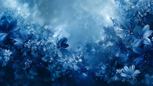 Blue Floral Dreamscape with Luminous Flowers.