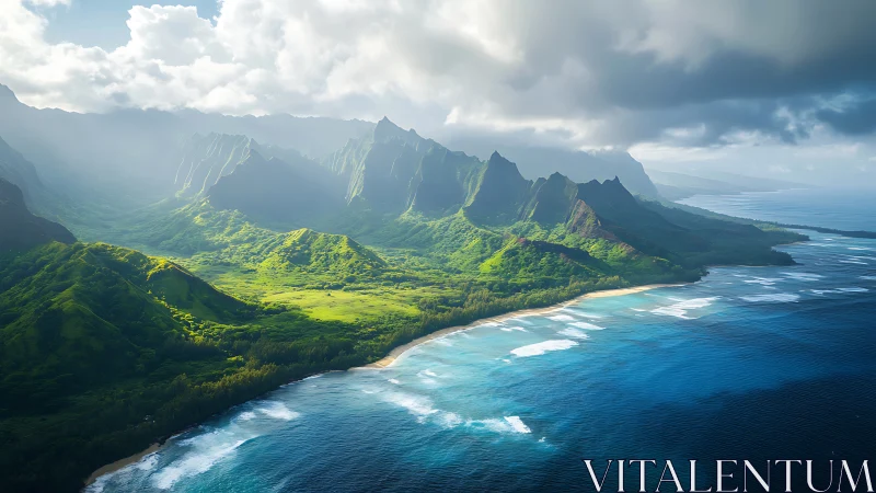 Aerial landscape captures lush mountainous coastline with verdant valleys