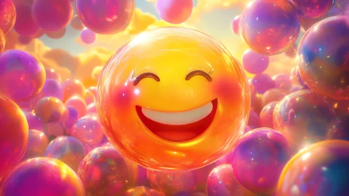 Sunlit smile orb drifts through a candy-colored bubble storm