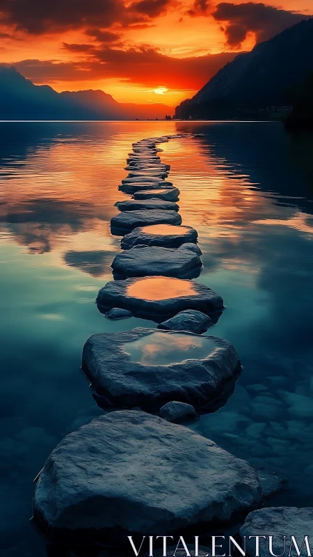 Stepping stone pathway cuts through reflective lake at vivid sunset