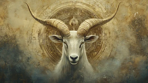 Mystic horned goat before ancient celestial mandala.