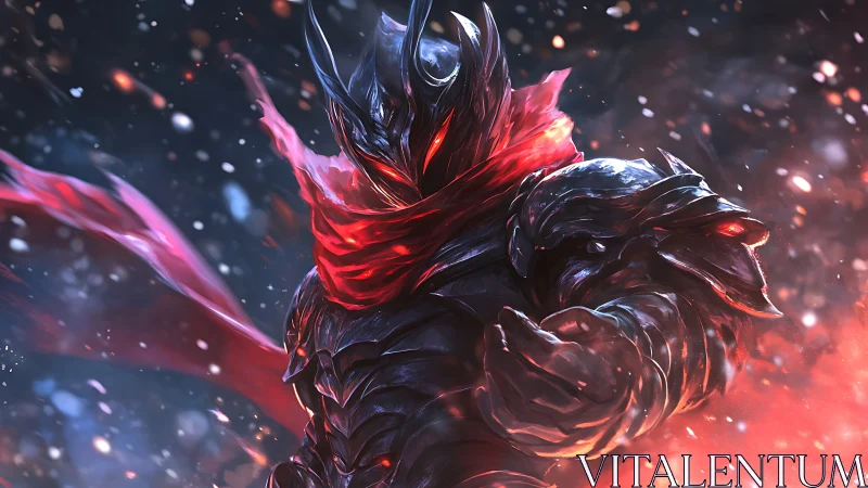 Armored dark knight in fiery storm with crimson scarf.