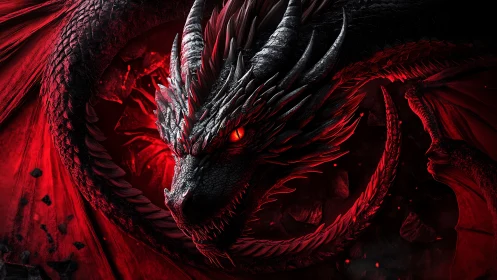 Infernal red dragon coils in volcanic ash and embers.