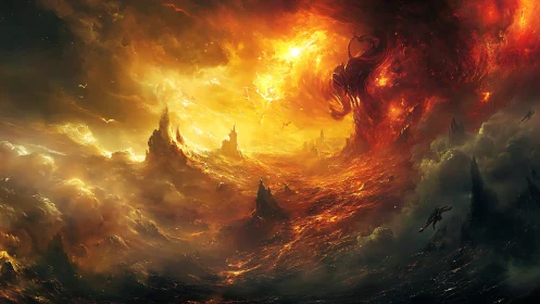Cataclysmic Inferno Landscape: Multi-tower Apocalyptic Sky Eruption