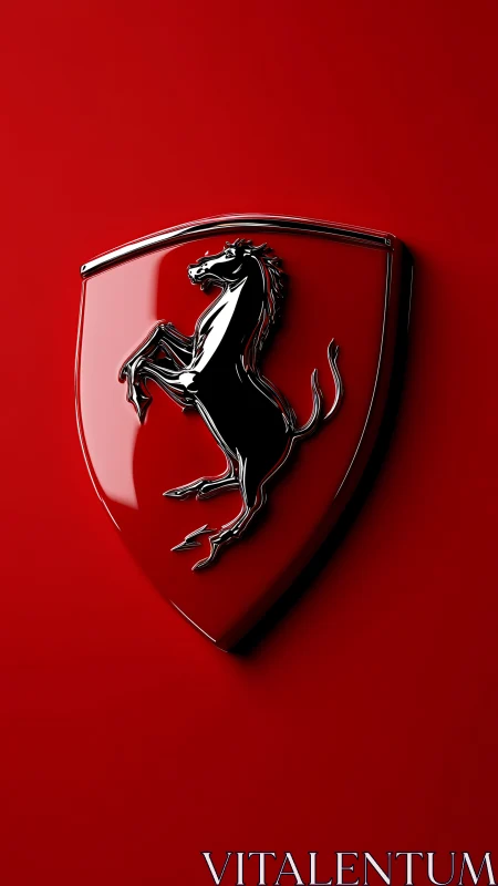 Chromed prancing horse emblem rendered on glossy red field