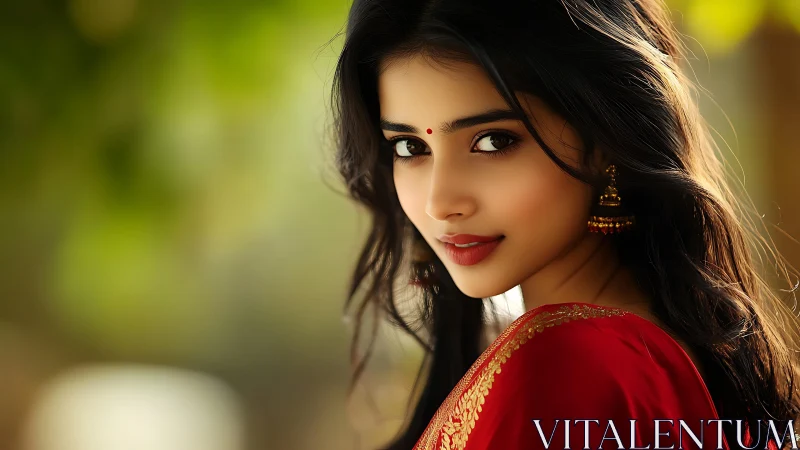 Woman in red saree looks over shoulder outdoors
