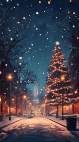 Snowy city street with large illuminated Christmas tree.