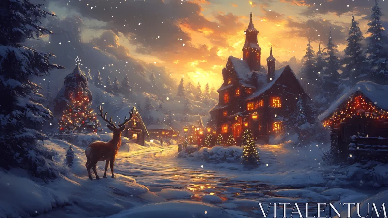 Snow-covered village with deer and illuminated winter houses.