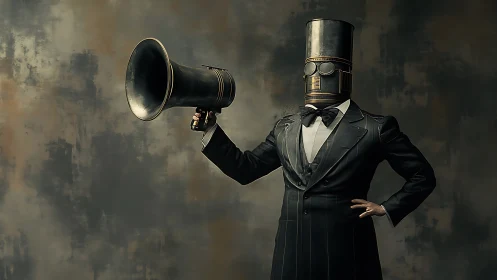 Retro-futurist humanoid in tuxedo holds industrial megaphone aloft