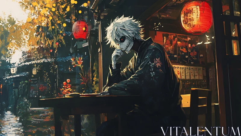 Midnight masked wanderer rests beneath glowing lantern light