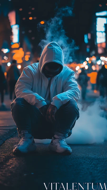 Hooded subject crouches in neon city bokeh with backlit vapor